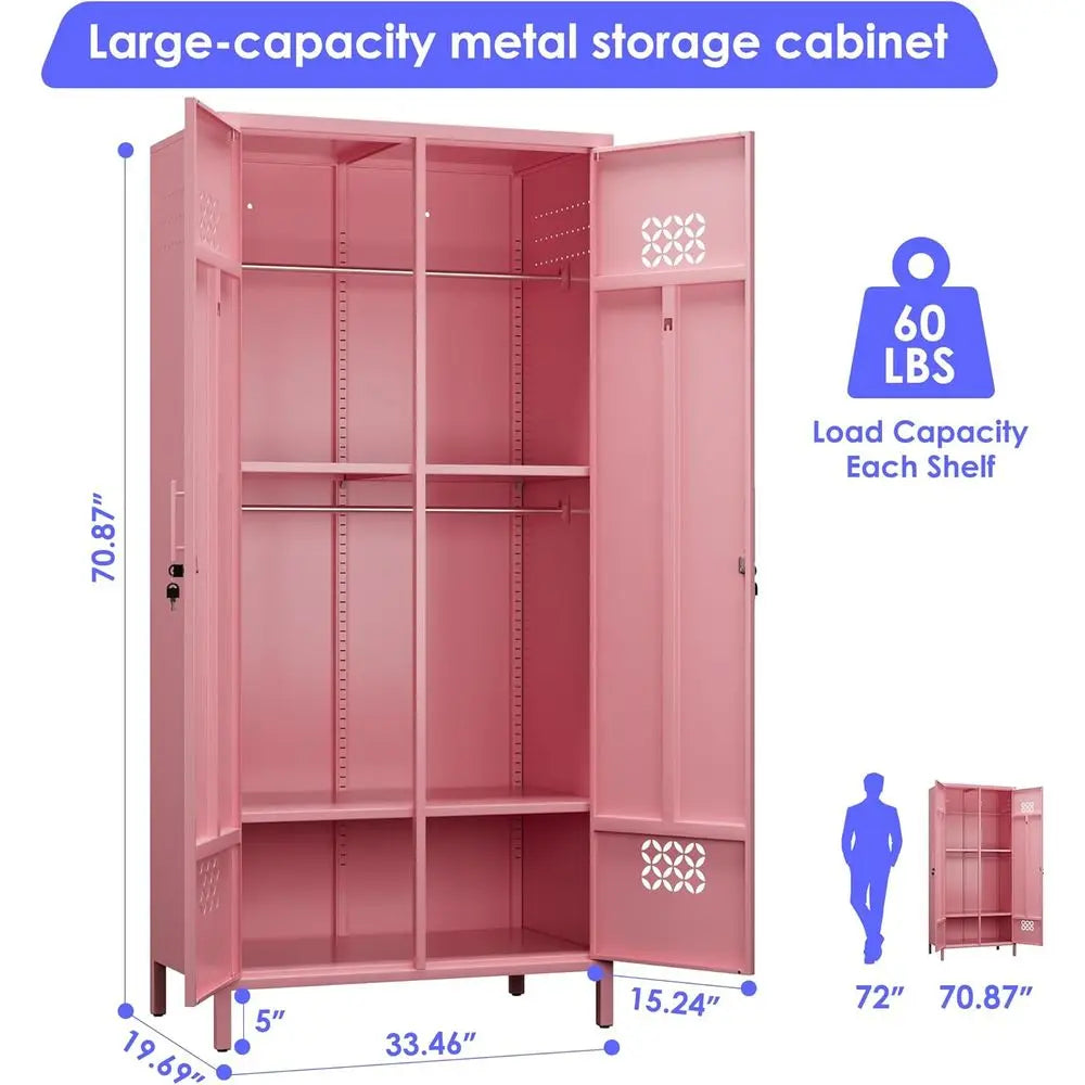 19 Deep Metal Wardrobe with 4 Shelves and 2 Hanging Bars, Pink, Assembly Required