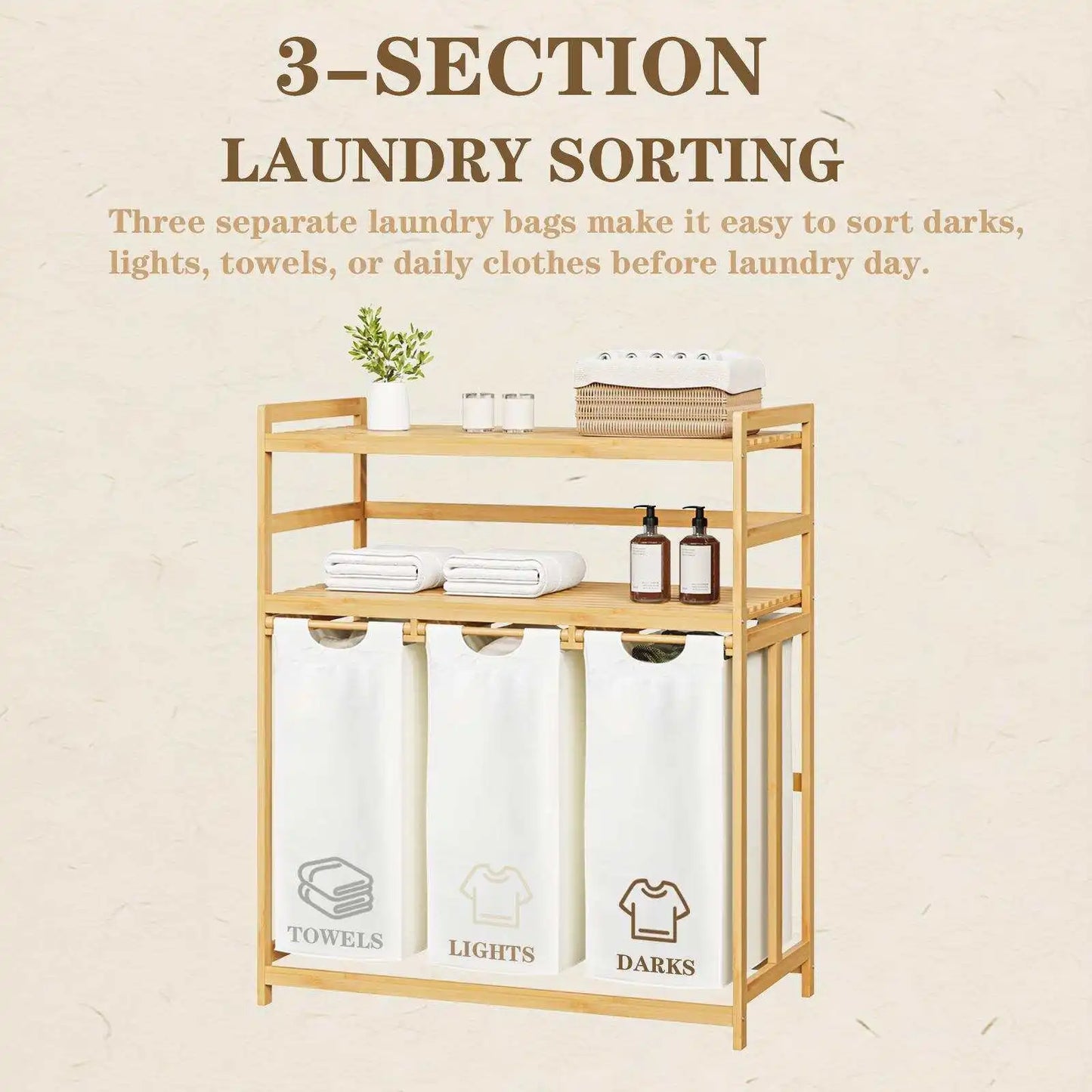 Single / Double Tier Laundry Hamper, 3 / 4 Section Large Bamboo Laundry Sorter with Removable Bags, Large Capacity, Efficient Clothing Storage, Perfect for Washing, Drying and Storage Organizer bathroom organizer