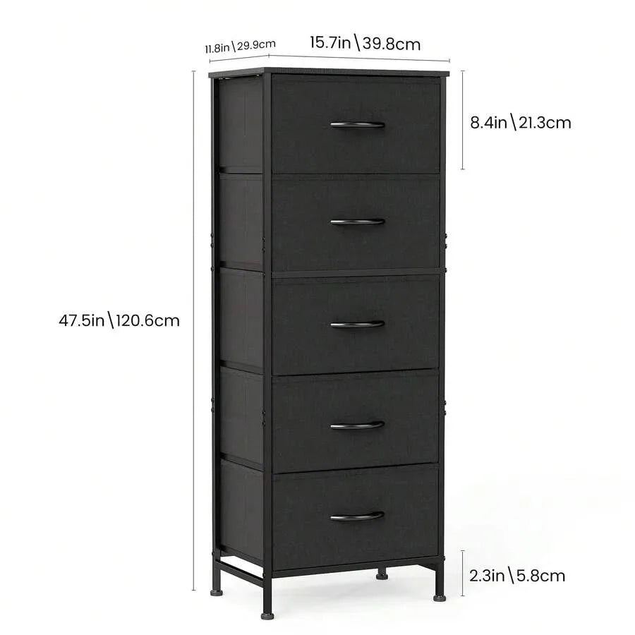 Sweetcrispy 5 Drawer Dresser With Fabric Bins, Sturdy Steel Frame And Wood Top, Storage Organizer Chest For Bedroom, Closet, Hallway, Black