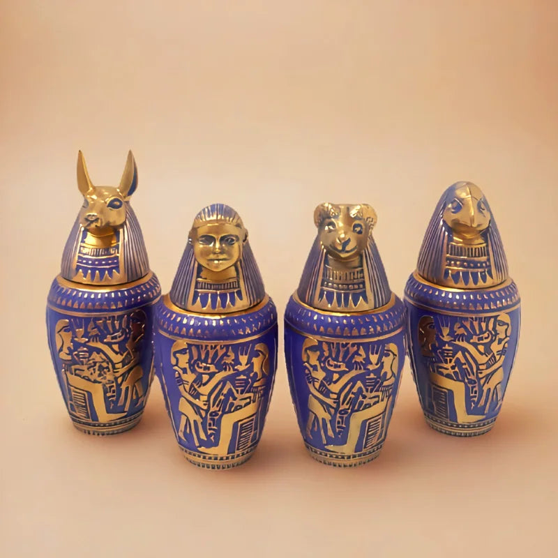 Egyptian Canopic Jars Set, Ancient Egypt God Figurines Statues, Blue & Gold Resin Decor for Home Office Bookshelf Halloween Part