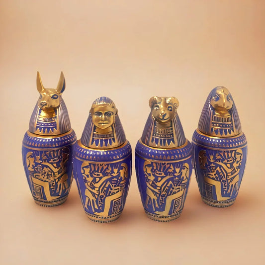Egyptian Canopic Jars Set, Ancient Egypt God Figurines Statues, Blue & Gold Resin Decor for Home Office Bookshelf Halloween Part
