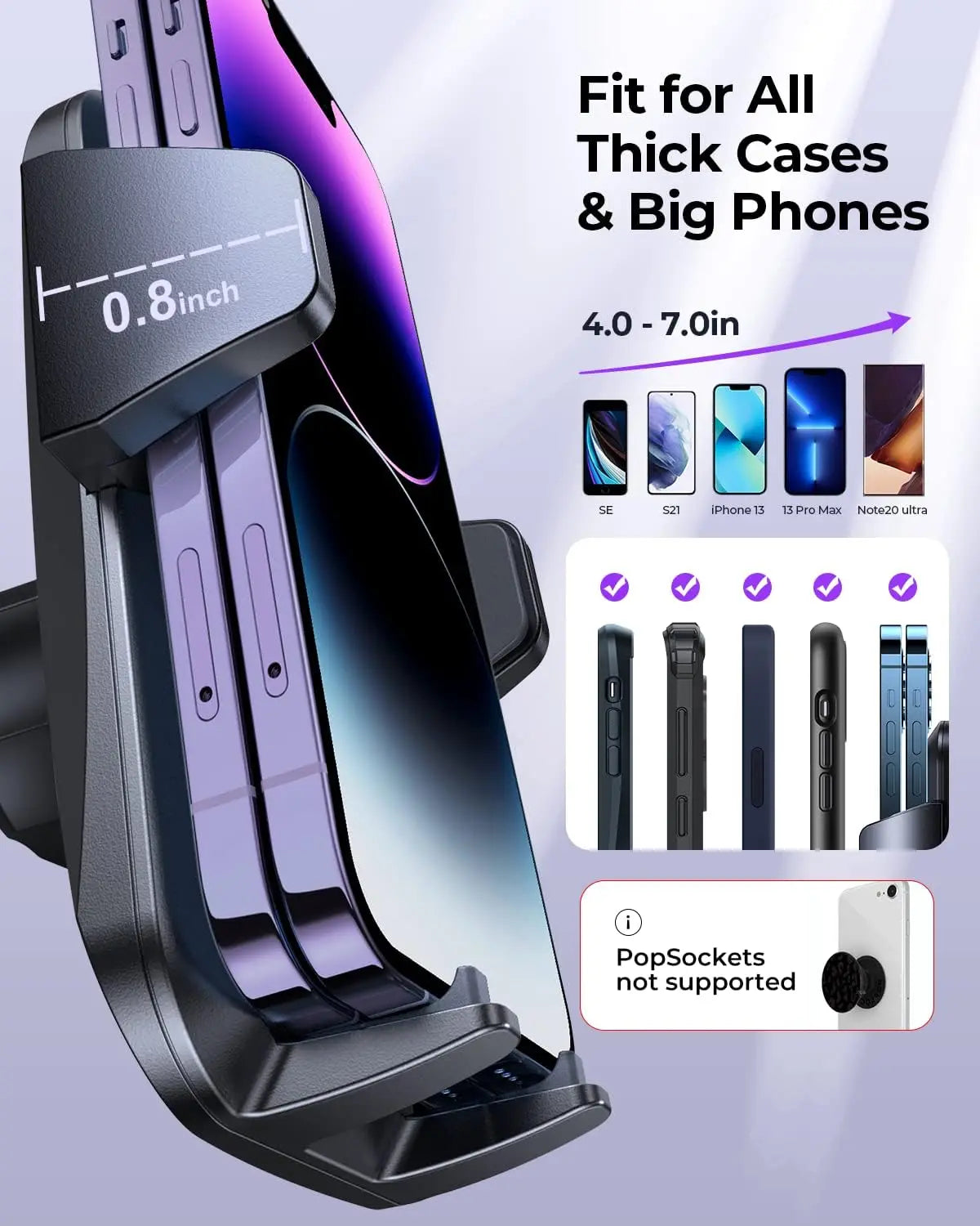 Car Phone Holder, Hands-Free Mount with Thick Case Friendly for iPhone Samsung Smartphone, 360° Rotation