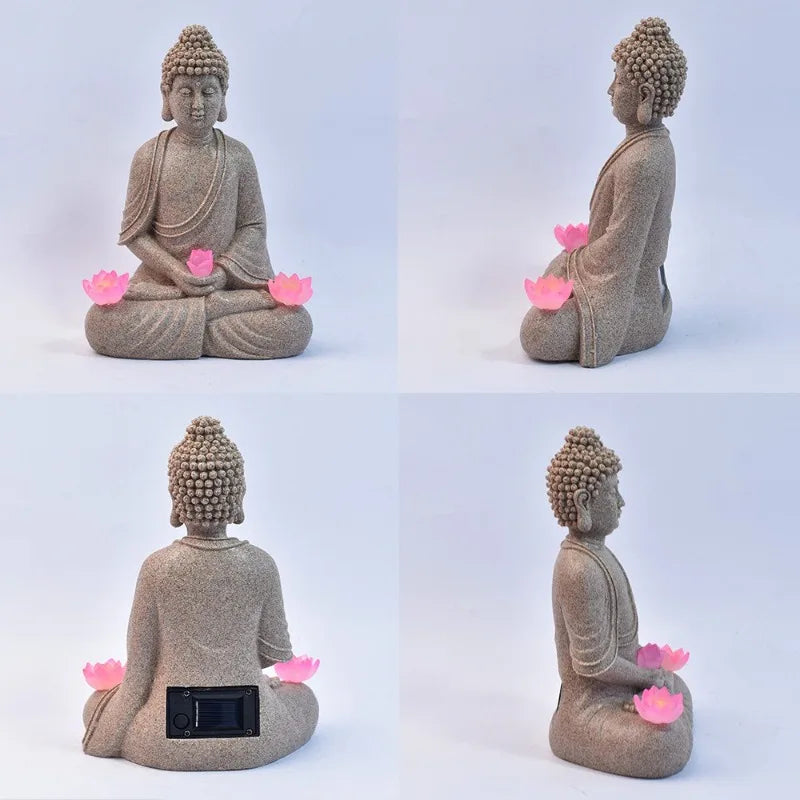 Buddha Figurines, Chinese-style Zen Garden Statues Solar-powered Garden Lights Horticultural Landscape Decorations Resin
