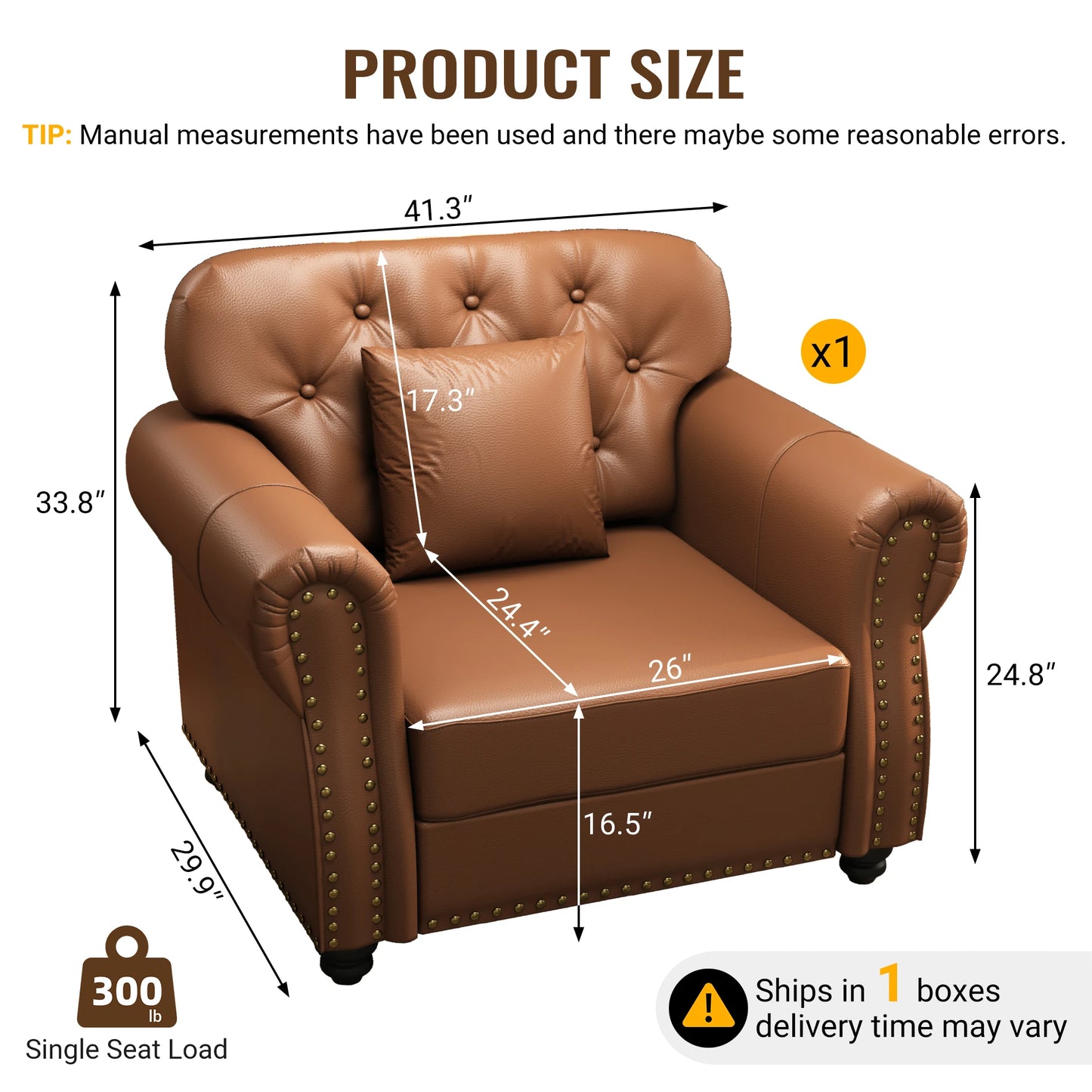 41.3-inch Faux Leather Chesterfield Decorative Sofa Featuring Nailhead Trim and Cushion Suitable For Living Room Bedroom and Home Office