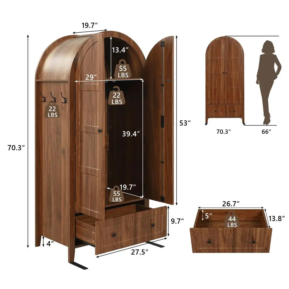 Armoire Wardrobe Closet with Drawer amp 2 Arched Doors, 70.3 Tall Wood Closet Organizer with Hanging Rod amp 3 Hooks, Large Sto