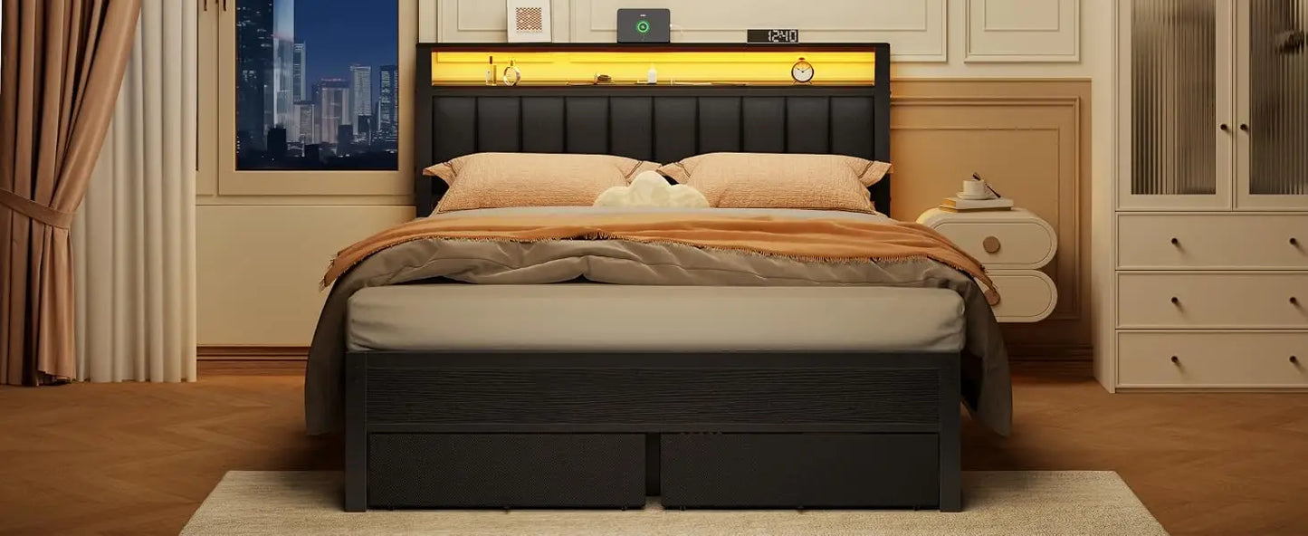 Queen Bed Frame with Charging Station and LED Lights, Grey Upholstered Headboard with Shelves, Metal Platform Bed with 2 Under-Bed Storage (Fabric Drawer on Wheels), No Box Spring Needed