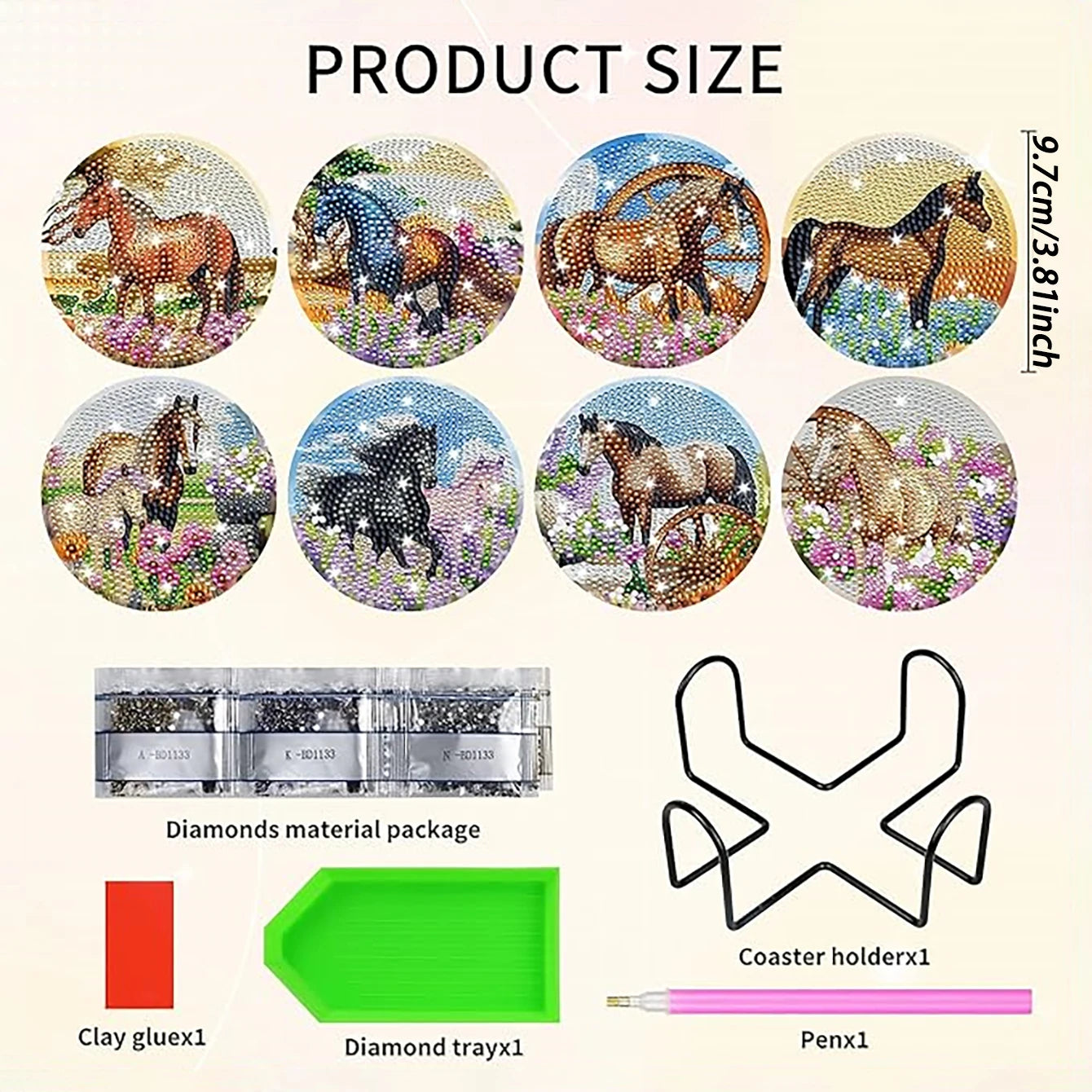 8 pieces/set animal horse pattern diamond painted coaster set with holder DIY coaster beginner coaster, craft supplies gift