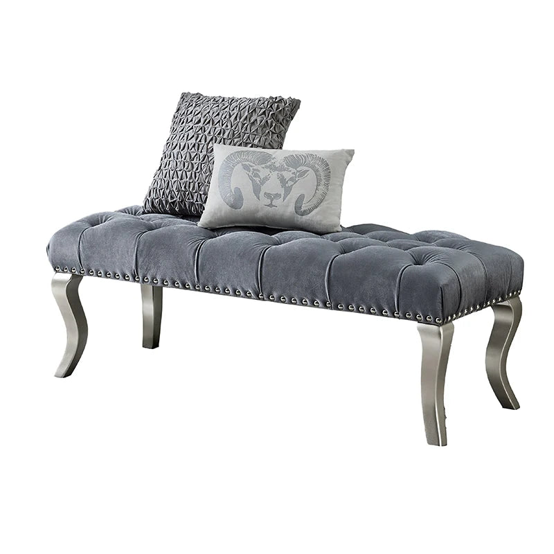 RV Decor Maxem Tufted Fabric Upholstered Bench Nailhead Trim , Gray On-Site
