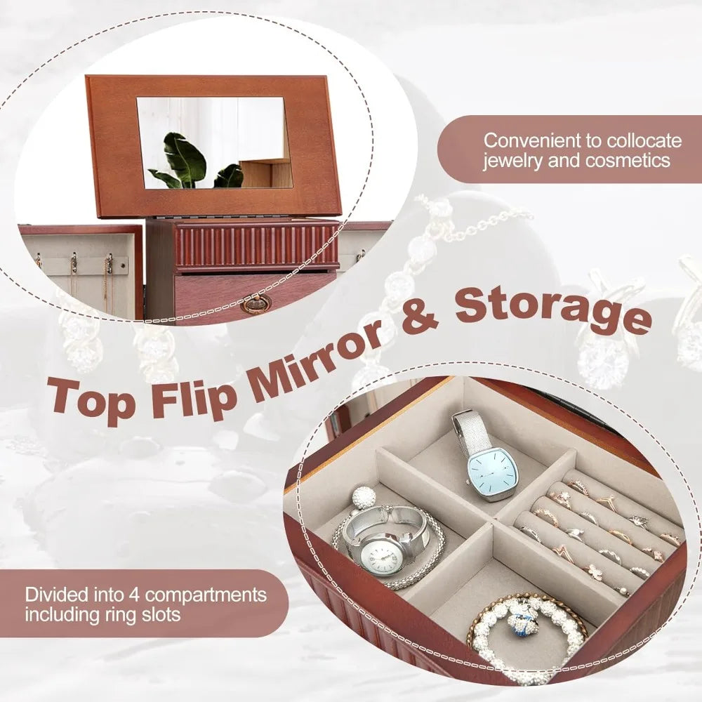 Standing Jewelry Armoire Cabinet Storage Chest with Seven Drawers Two Side Doors Twelve Necklace Hooks Makeup Mirror and Top Divided Compartment
