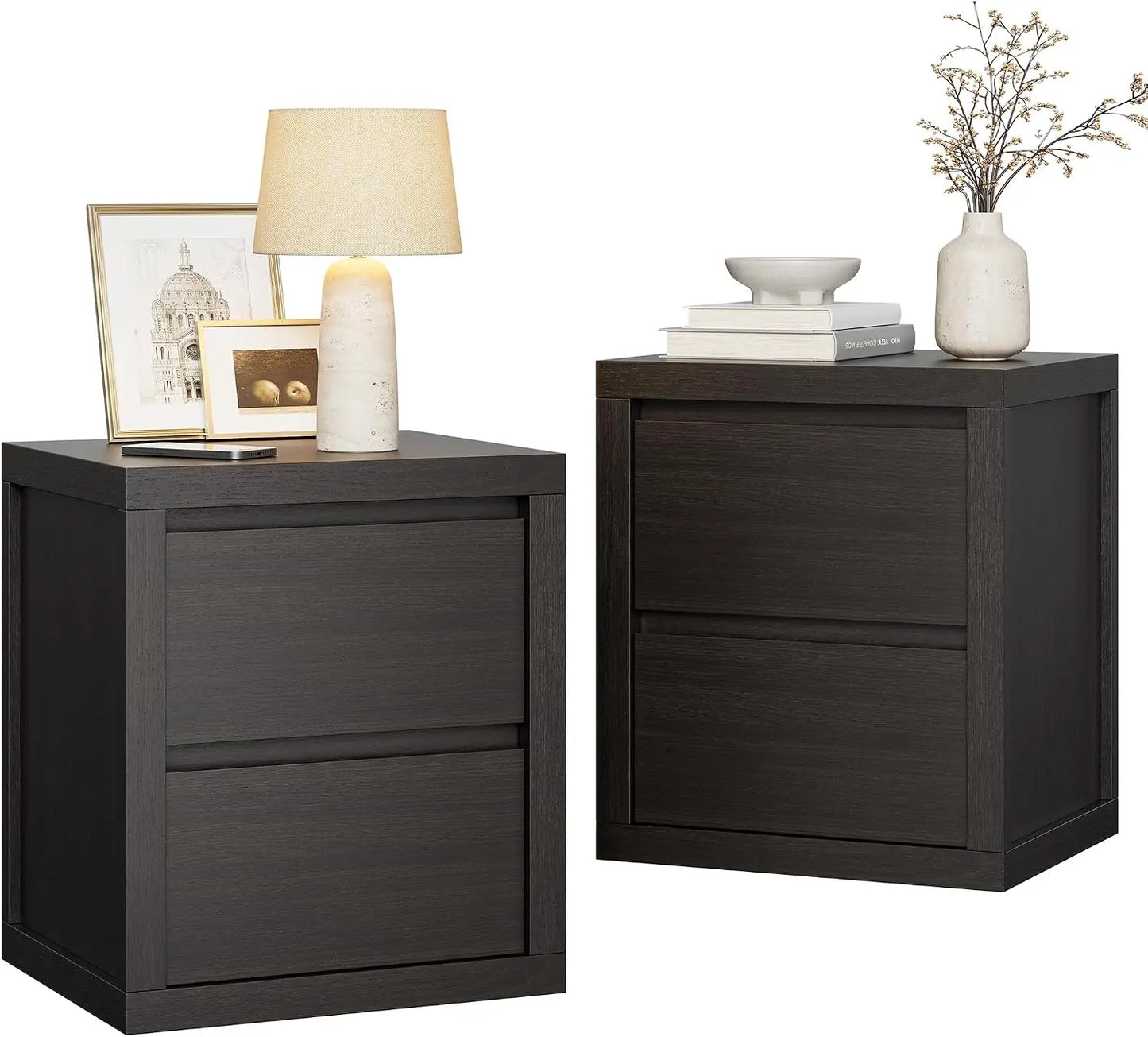 Set of 2 Wooden Nightstands With 2 Handle-Free Storage Drawers, Thickened Bedside End Side Table For Bedroom Black Finish