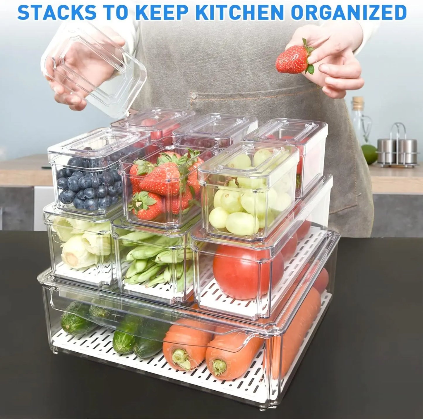 Stackable Refrigerator Organizer Bins with Lids for Food