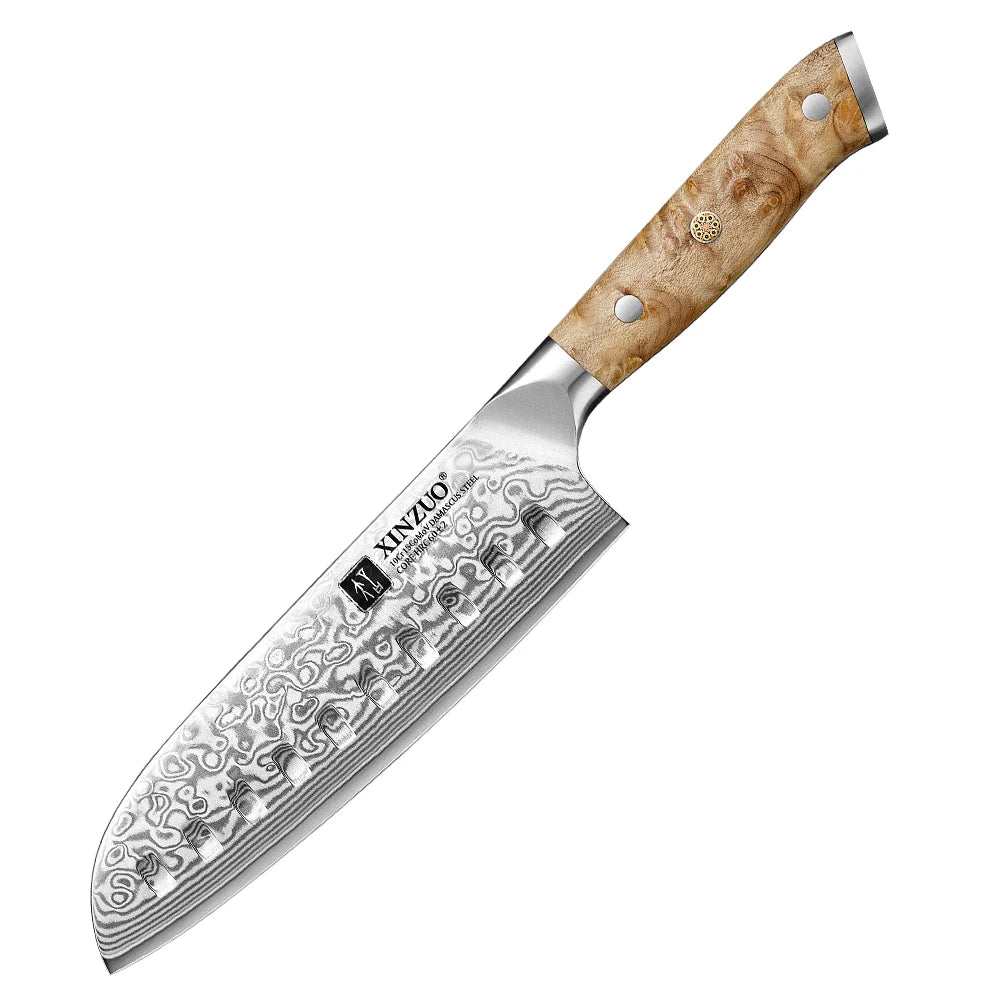 XINZUO 1-3PCS Damascus Steel Knife Set Chef Santoku Utility Knives 67 Layers Super Steel Figured Sycamore Brass Rivets 60HRC