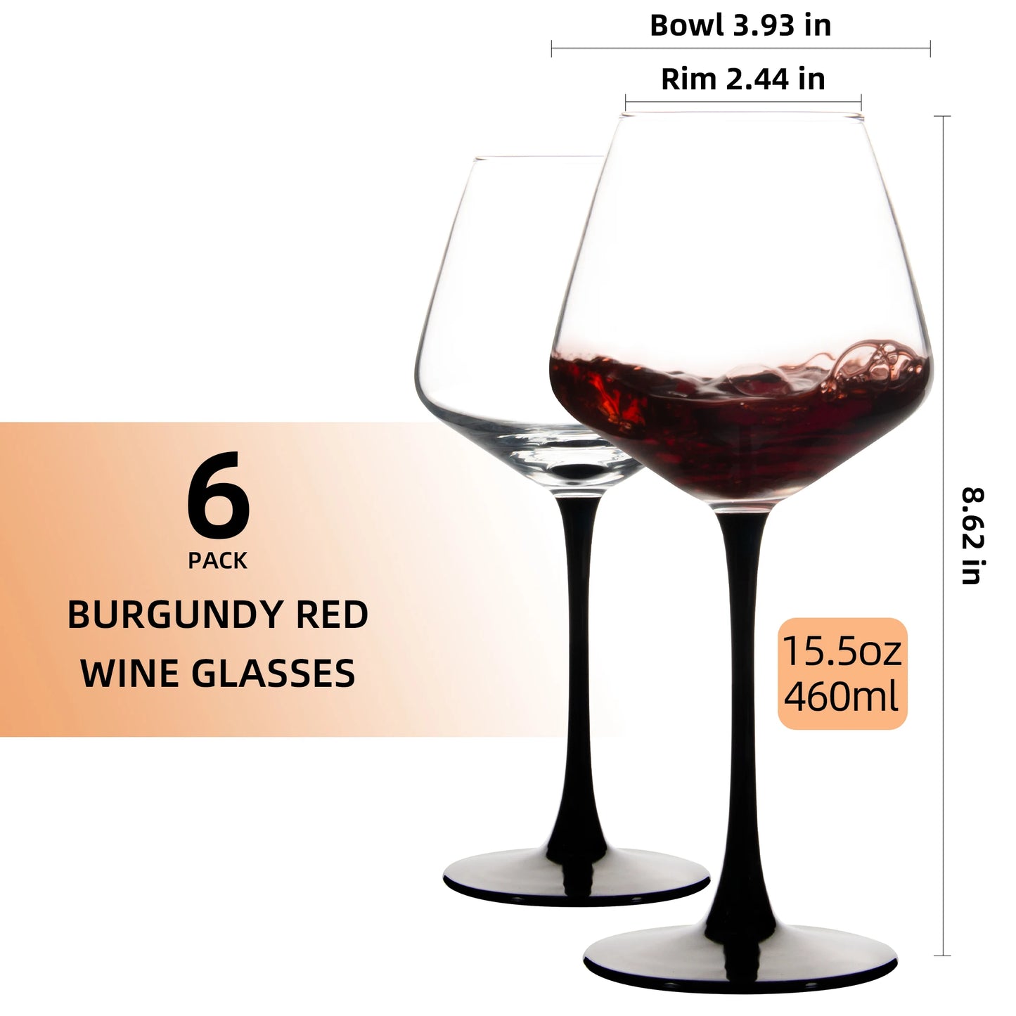15.5oz 6-Pack Burgundy Black Stem Wine Glasses Shatterproof Dishwasher Safe Durable for Gifts Home