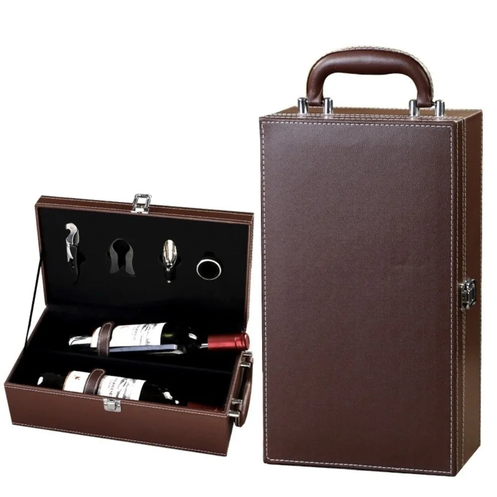 New PU Leather Wine Gift Box with Tools with Handle Portable Carrier Tote with 4 Accessories Set Red Wine Storage Box Gifts