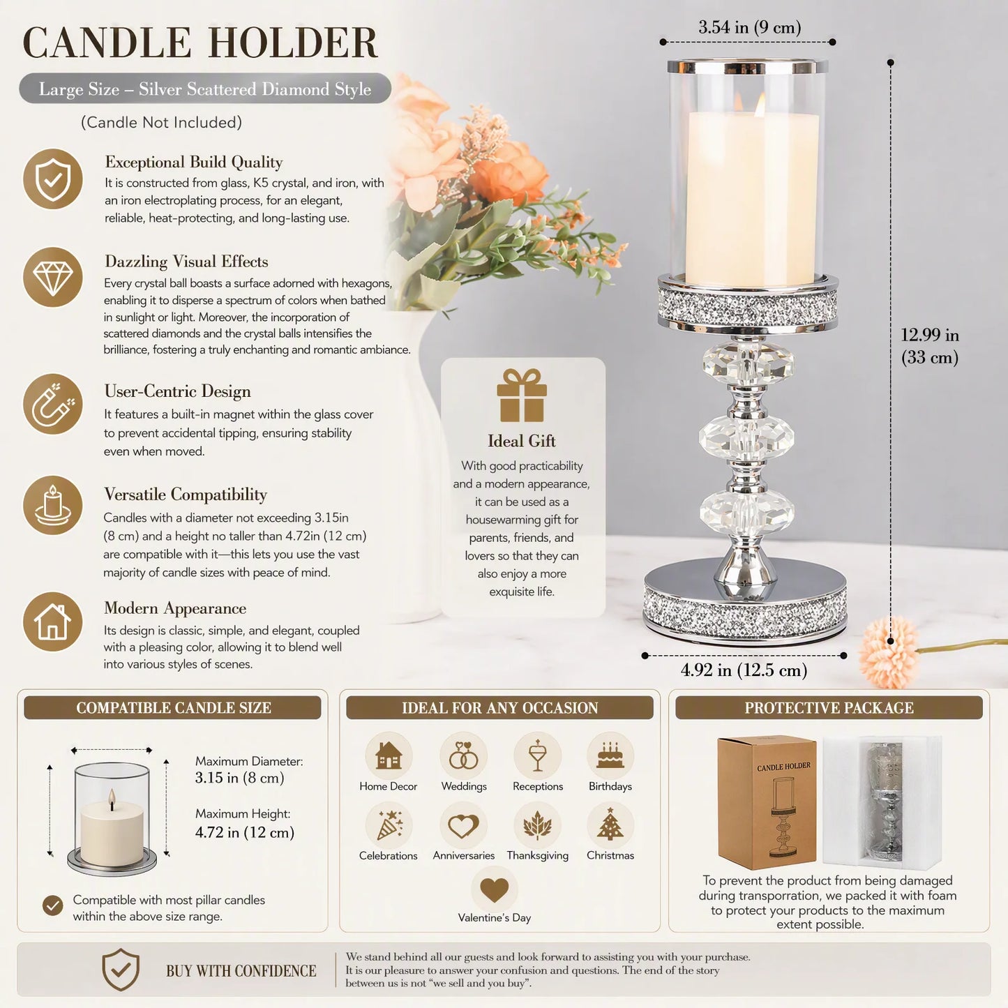 Crystal Candle Holder with Windproof Glass Cover, Hexagon Crystal Ball Candlestick with Anti-Tip Magnet Base, Tabletop Centerpiece Decor for Home Wedding Party, Silver/Clear