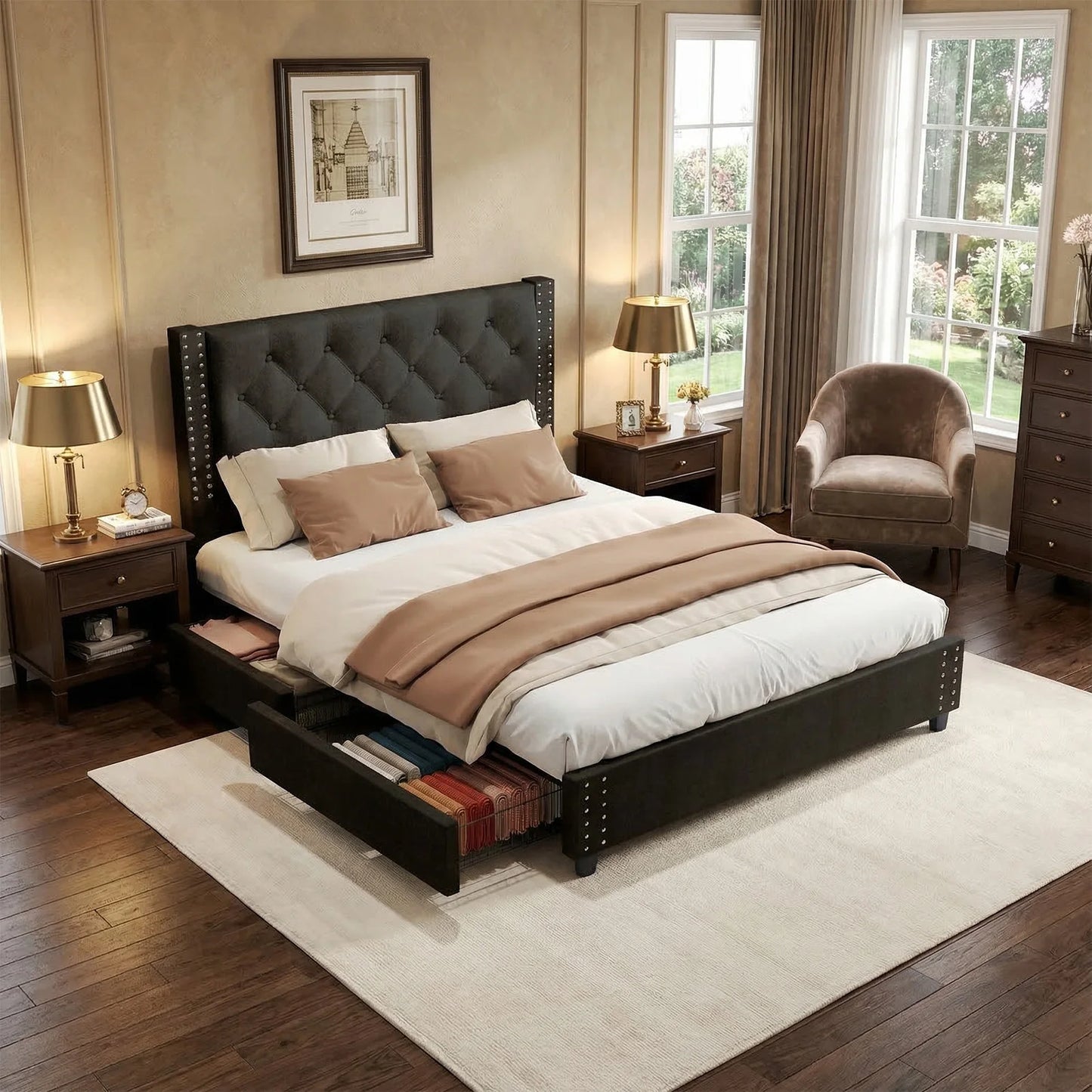 81.50×55.12×48.43inch Full Size Bed Frame w Upholstered Button Tufted Headboard Wood Slat Support Metal Platform Bed Frame