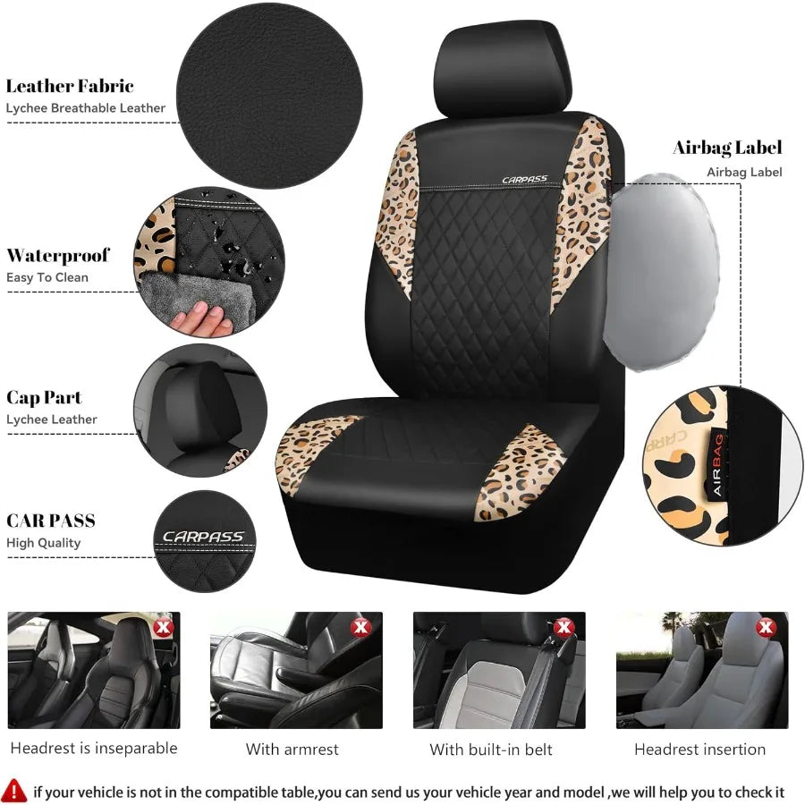Leopard Print Faux Leather Car Seat Covers Car Mats Steering Wheel Cover and Seat Belt Pad Set with Universal Fit for SUVs Vans