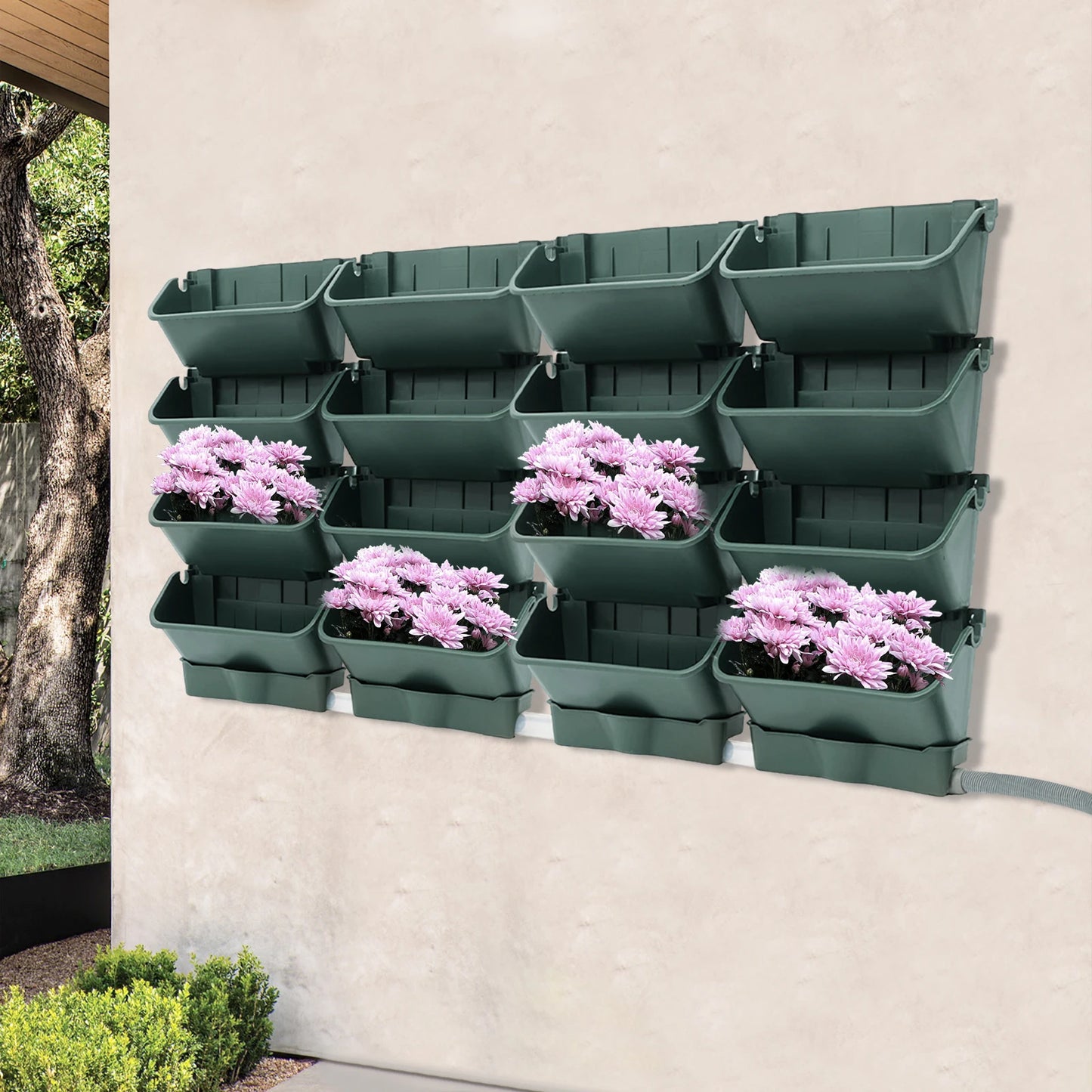 16PCS Hanging Garden Plant Wall Flower Pot Container Wall Hanging Vertical Green Plastic Planting Box W/4 Drainage Pots & 1 Pipe