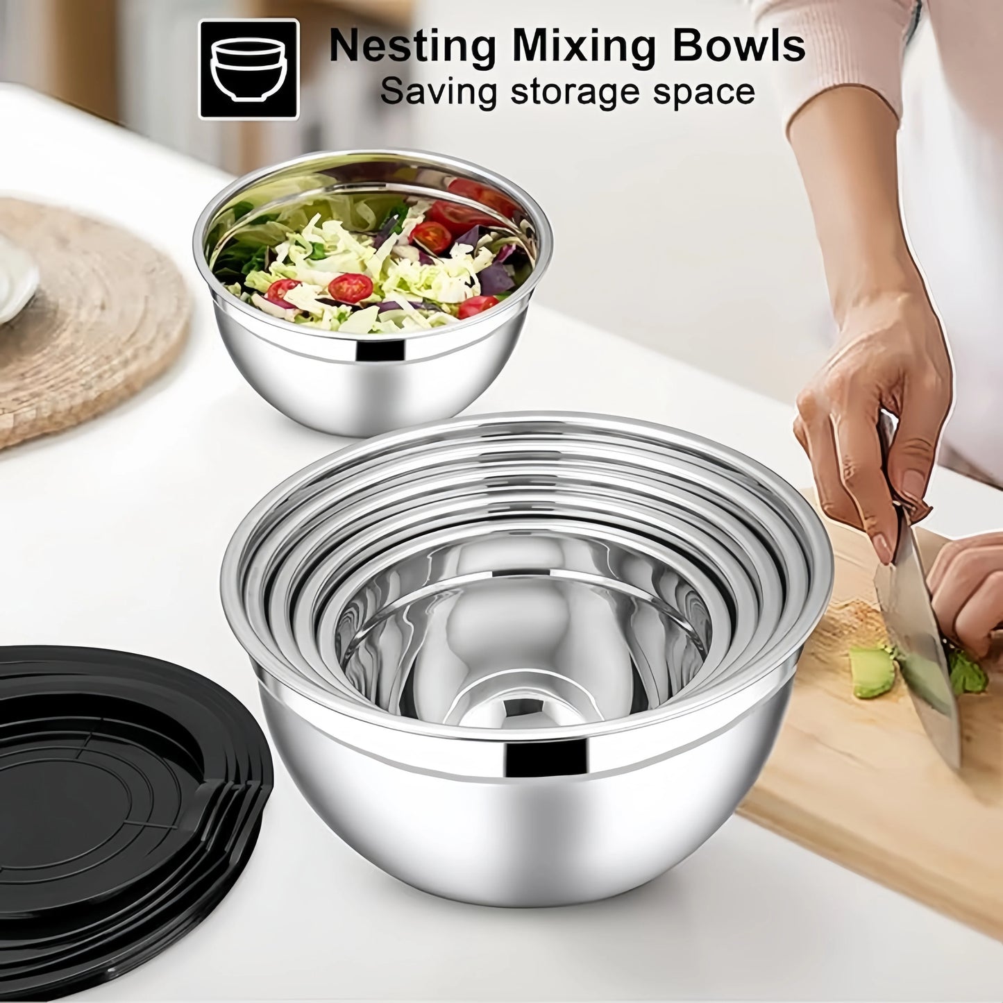 7PC Food Grade Stainless Steel Mixing Bowls Set,Kitchen Bowl, Salad Bowl, Metal Mixing Bowl,Nesting Stackable Deep Basin with Sealed Lid,BPA Free Dishwasher Safe for Cooking Prep,Fruit Washing, Marinating, Salad Making,Food S