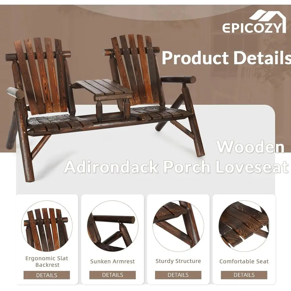Rustic 2-Person Wooden Adirondack Bench Set with Loveseat and Built-in Table for Patio, Garden, or Poolside