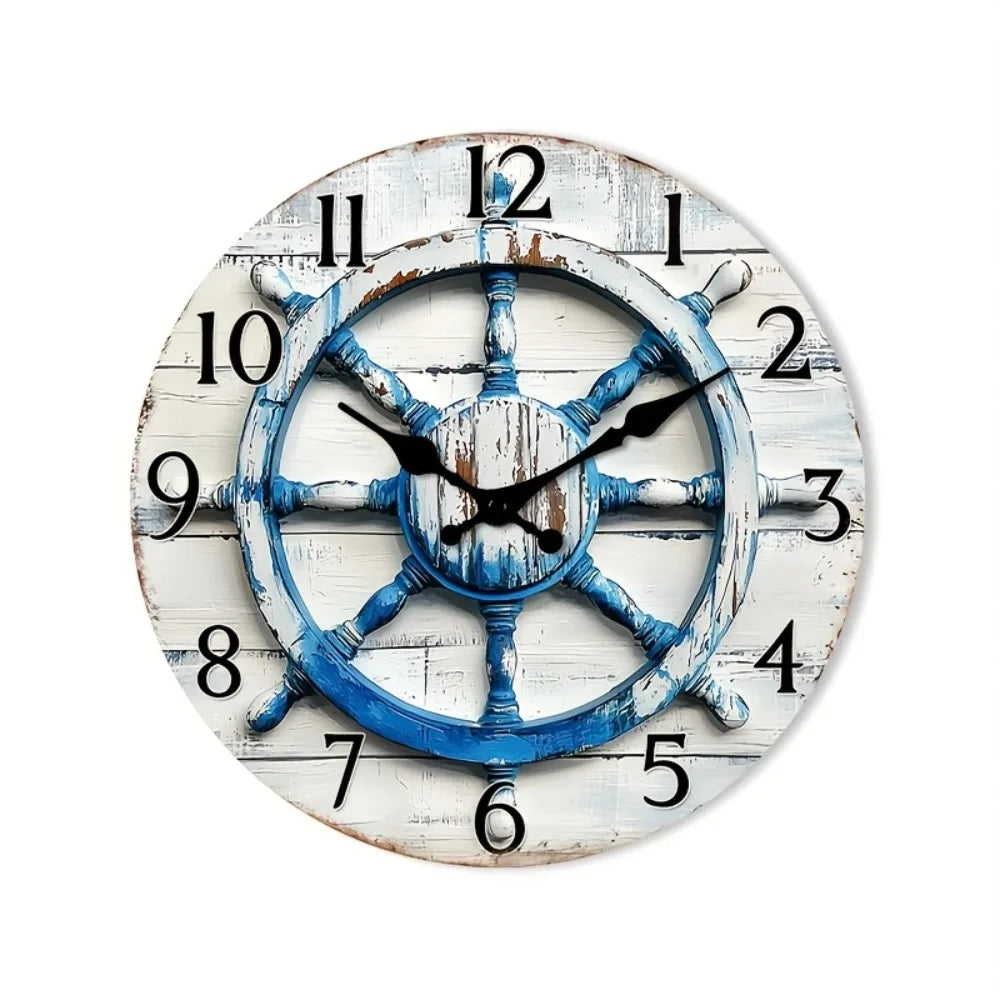1pc 2D Flat Wall Clock Non-Ticking Wooden, Circular Clock Nautical Wooden Ship Wheel Design for Kitchen, Study Room, Hallway, Li