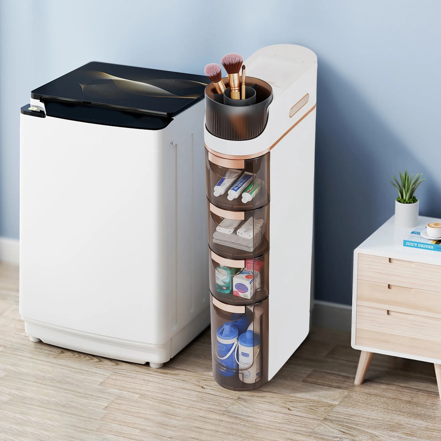 Slim Bathroom Storage, PP Material, Large Bottom Drawer 5.71x15.7x11.61Inch with 3 Small Drawers, 4-Drawer Makeup Organizer for Bedroom, Office
