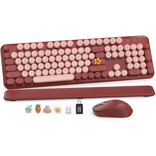 Wireless Keyboard and Mouse Combo Wine Red Retro Typewriter-Style Keyboard with Round Keycaps and Magnetic Wrist Rest 2.4G USB