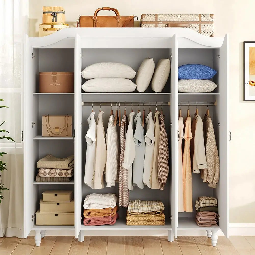 Armoire Wardrobe Closet with 4 Doors, 71 H Wooden Large Capacity Wardrobe Cabinet with 2 Hanging Rods and 8 Shelves, Freestandi