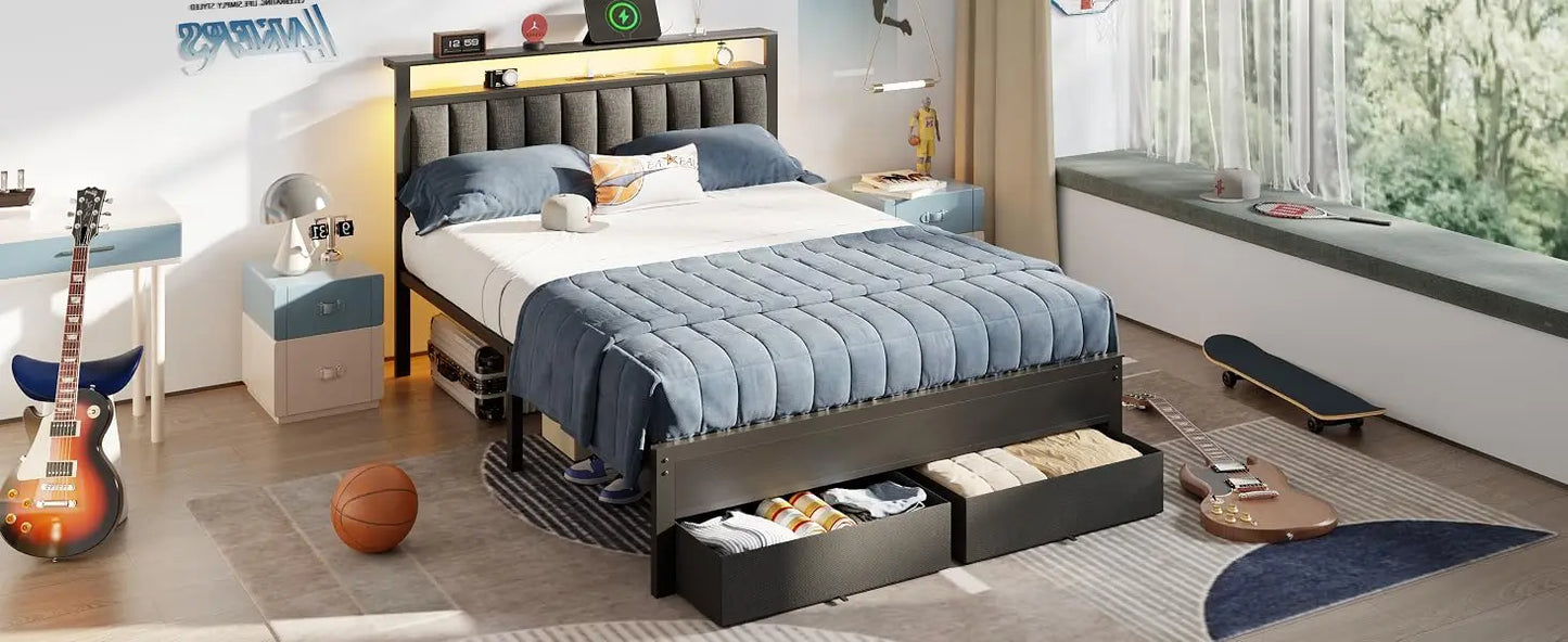 Queen Bed Frame with Charging Station and LED Lights, Grey Upholstered Headboard with Shelves, Metal Platform Bed with 2 Under-Bed Storage (Fabric Drawer on Wheels), No Box Spring Needed