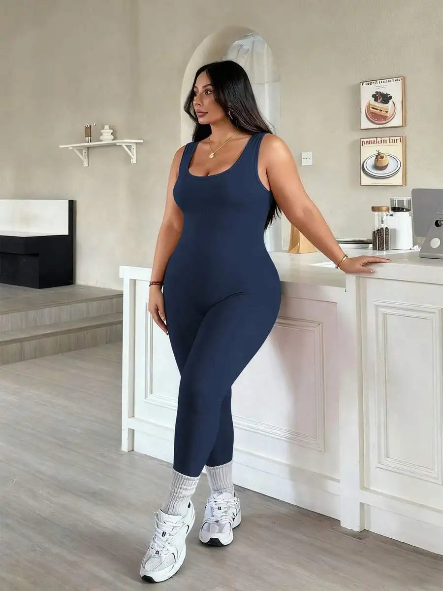 Rhythm Era 1pc Plus Size Black Backless Jumpsuit, Comfortable Stretchy Seamless Knit Yoga & Fitness Activewear