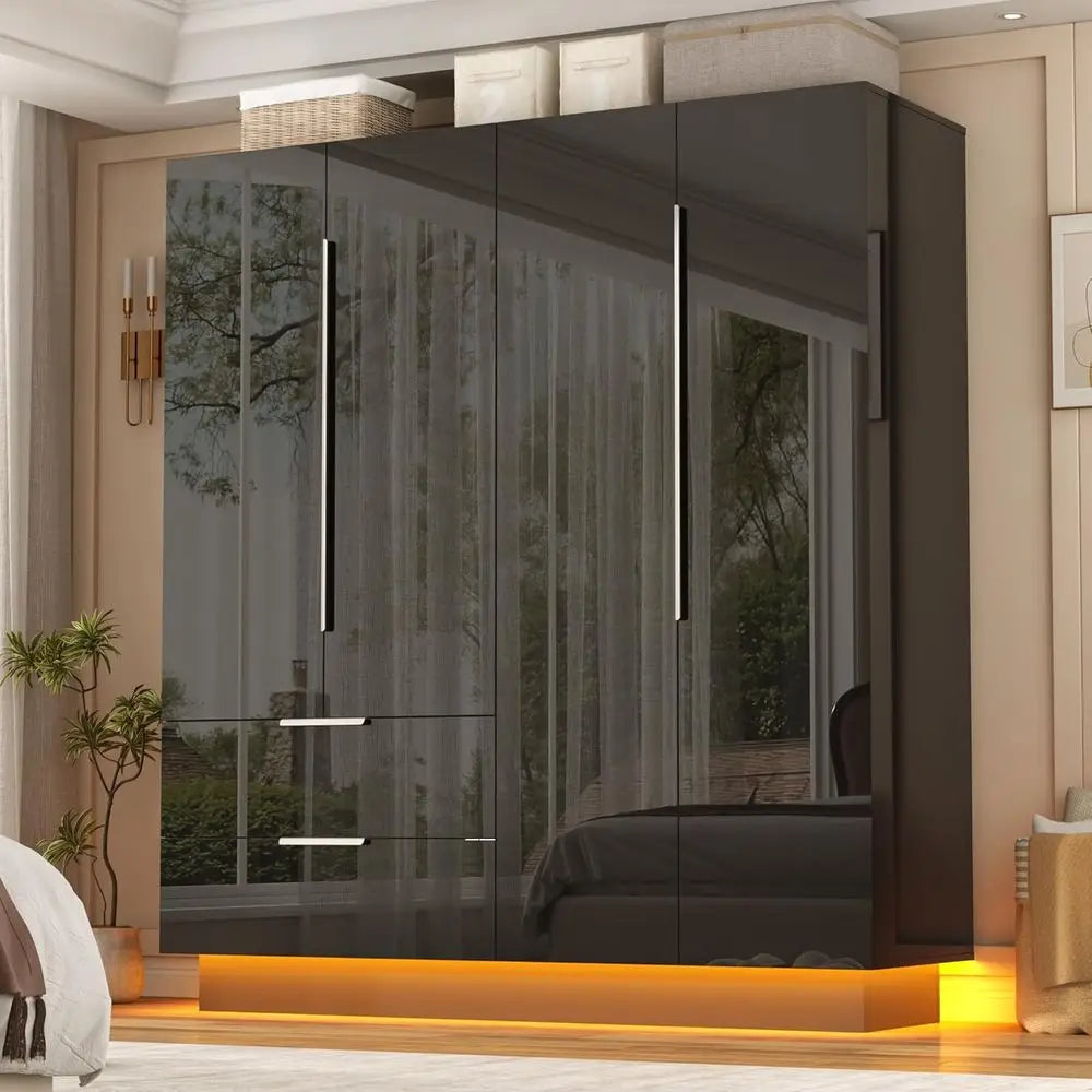 70” Tall 4 DoHigh Gloss Armoire Wardrobe Closet 2 Mirror, LED Lights, 2 Ders,63" ern Closet Wardrobe Cabinet with Shelves and Ha