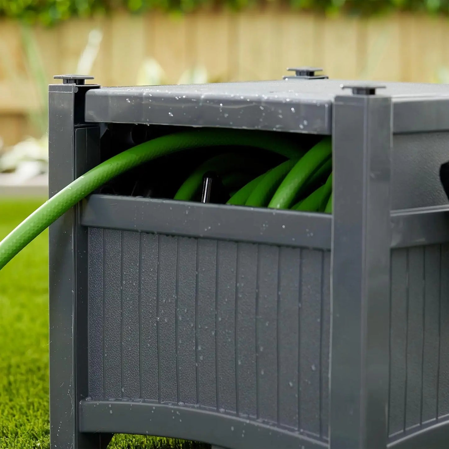 Suncast Cyberspace Grey Garden Hose Storage Reel Box Resin Outdoor Container Holds 100FT 5/8 Inch Water Line No Assembly Require