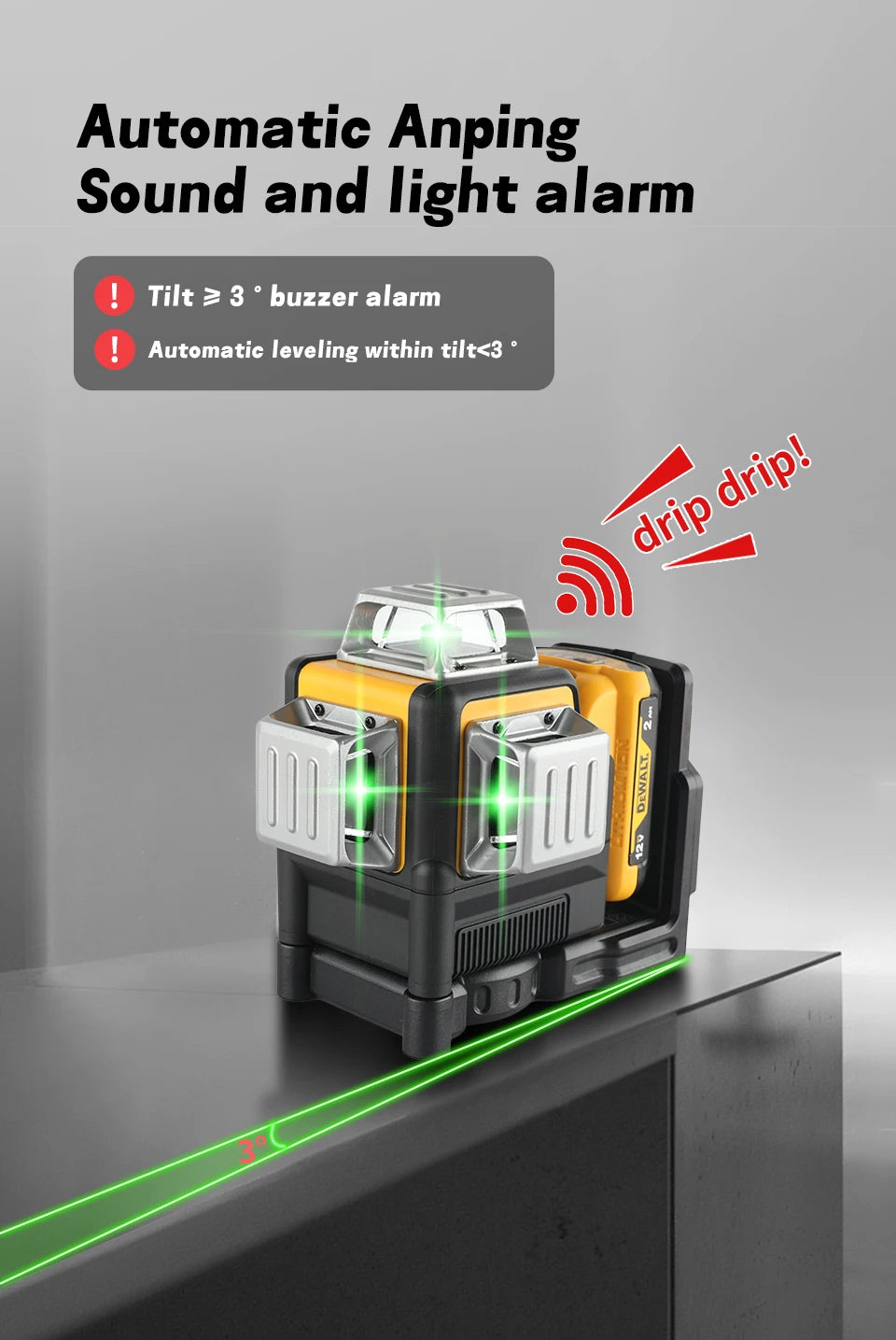 DeWalt DW089LG 12 - Line 3 - Side 360° All - Around Green - Light Laser Level for Outdoor Use - Ideal for Precise