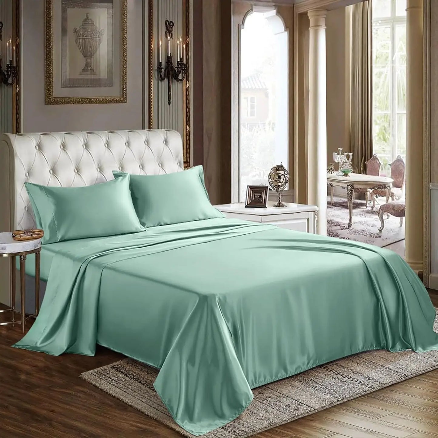Satin Sheets Queen Size 4 Piece Bed Sheet Set with Silky Deep Pocket Fitted Sheet Flat Sheet and 2 Pillowcases