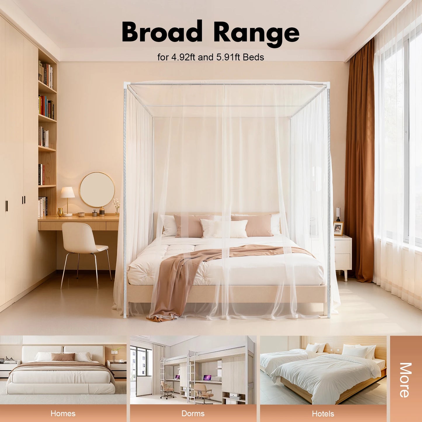 Adjustable Stainless Steel Canopy Bed Frame With Mosquito Net
