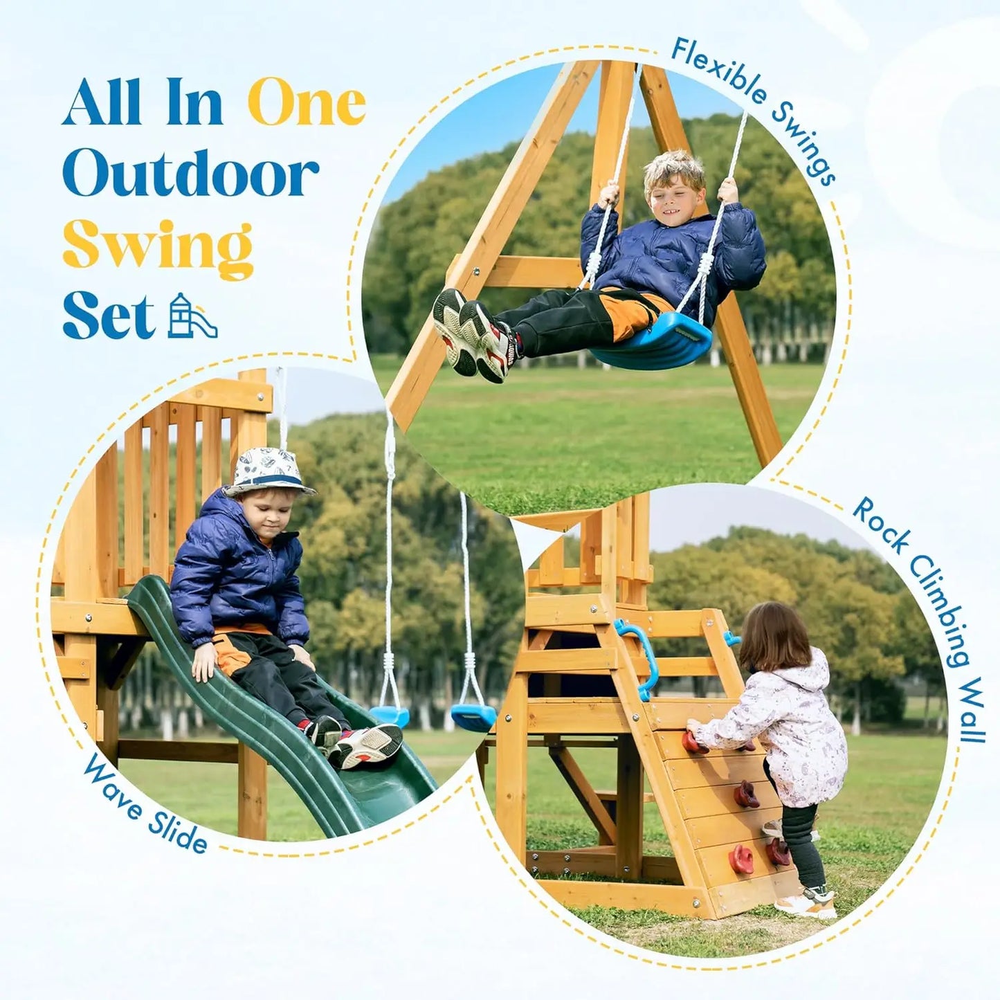 Robud Wooden Swing Set With Dual Swings Slide Fort