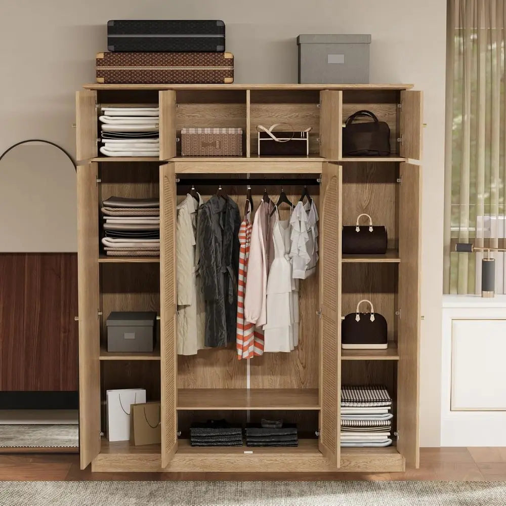 70.87 Tall Rattan Wooden Wardrobe with Hanging Rod and Adjustable Shelves, Natural