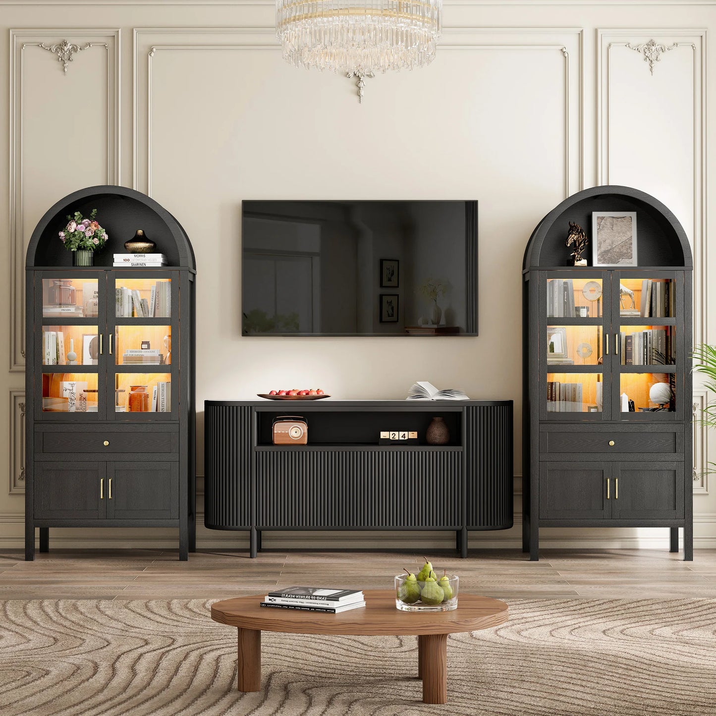 71 Inch Tall Full Wood Arched Storage Cabinet Adjustable Shelves Bookcase with Dimmable LED Lights for Living Room Bedroom