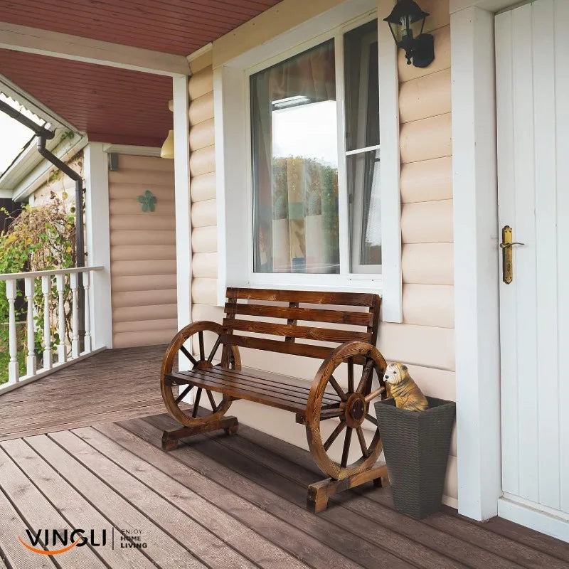 41 Inch Rustic Wooden Wheel Bench Outdoor 2 Person High Capacity