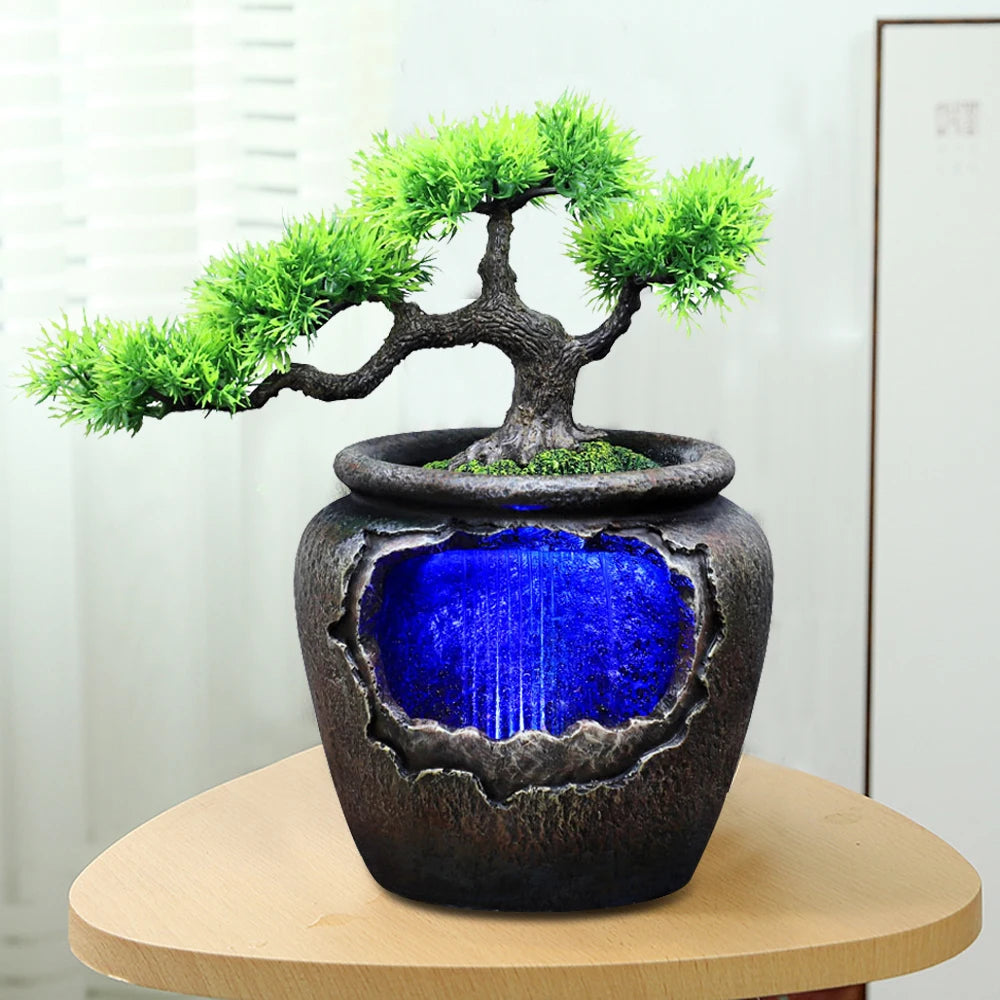Desktop Fountain Relaxation Waterfall Feature Indoor Fountain with LED Light Feng Shui Zen Ornament Home Art Decor