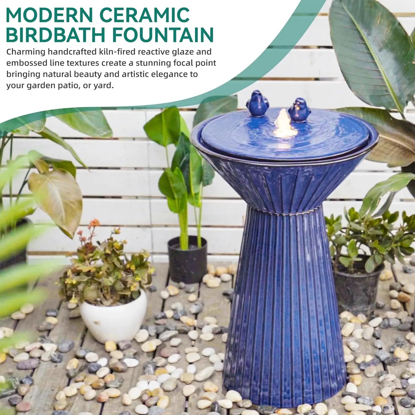28" Tall Ceramic Outdoor Fountain and Waterfalls, Patio Fountain with LEDs, Birdbath for Outside, Soothing Water Feature for Rel