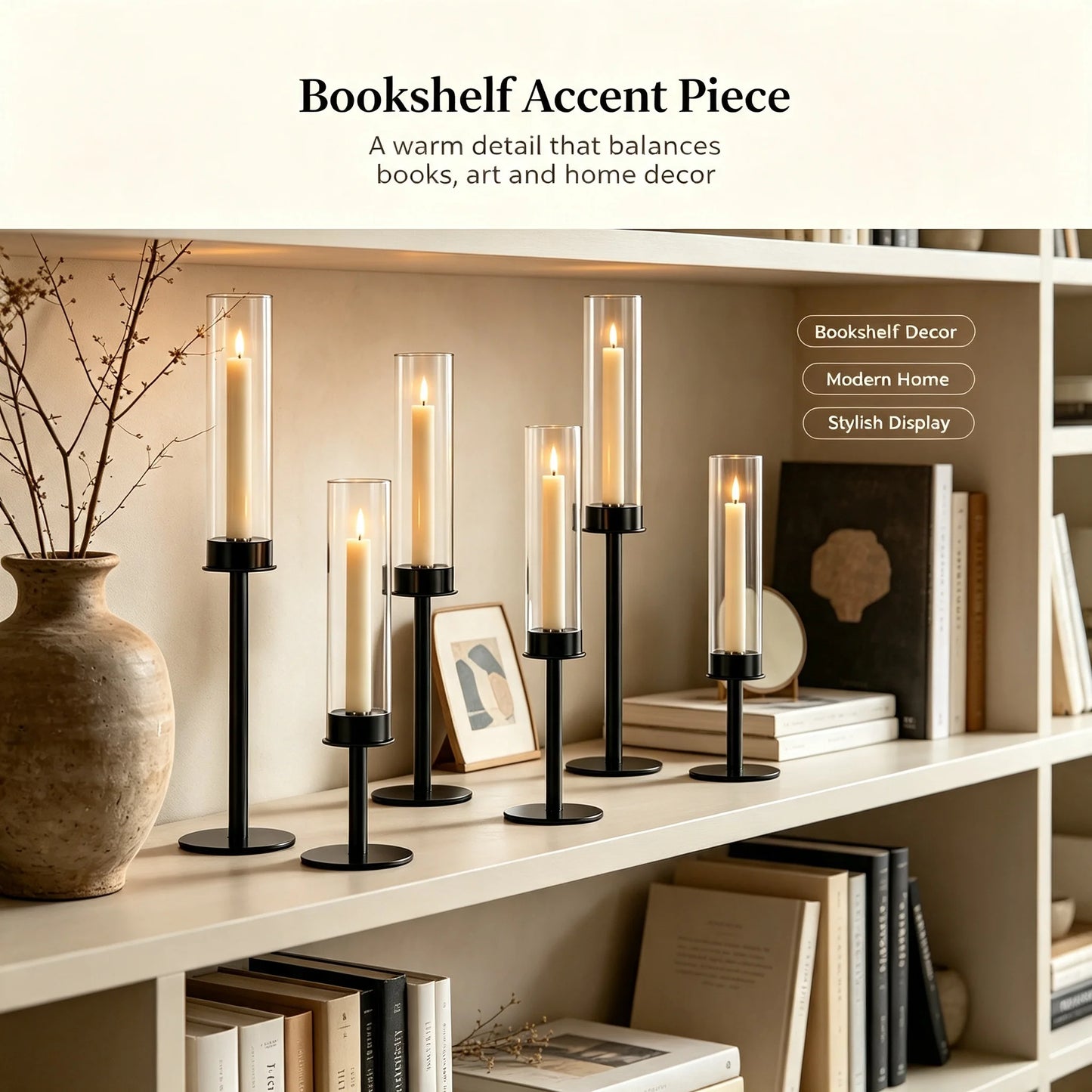 3pcs Black Minimalist Hurricane Candle Holder Set with Stable Base Modern Table Ornament for Dining Table Wedding Indoor Decorat