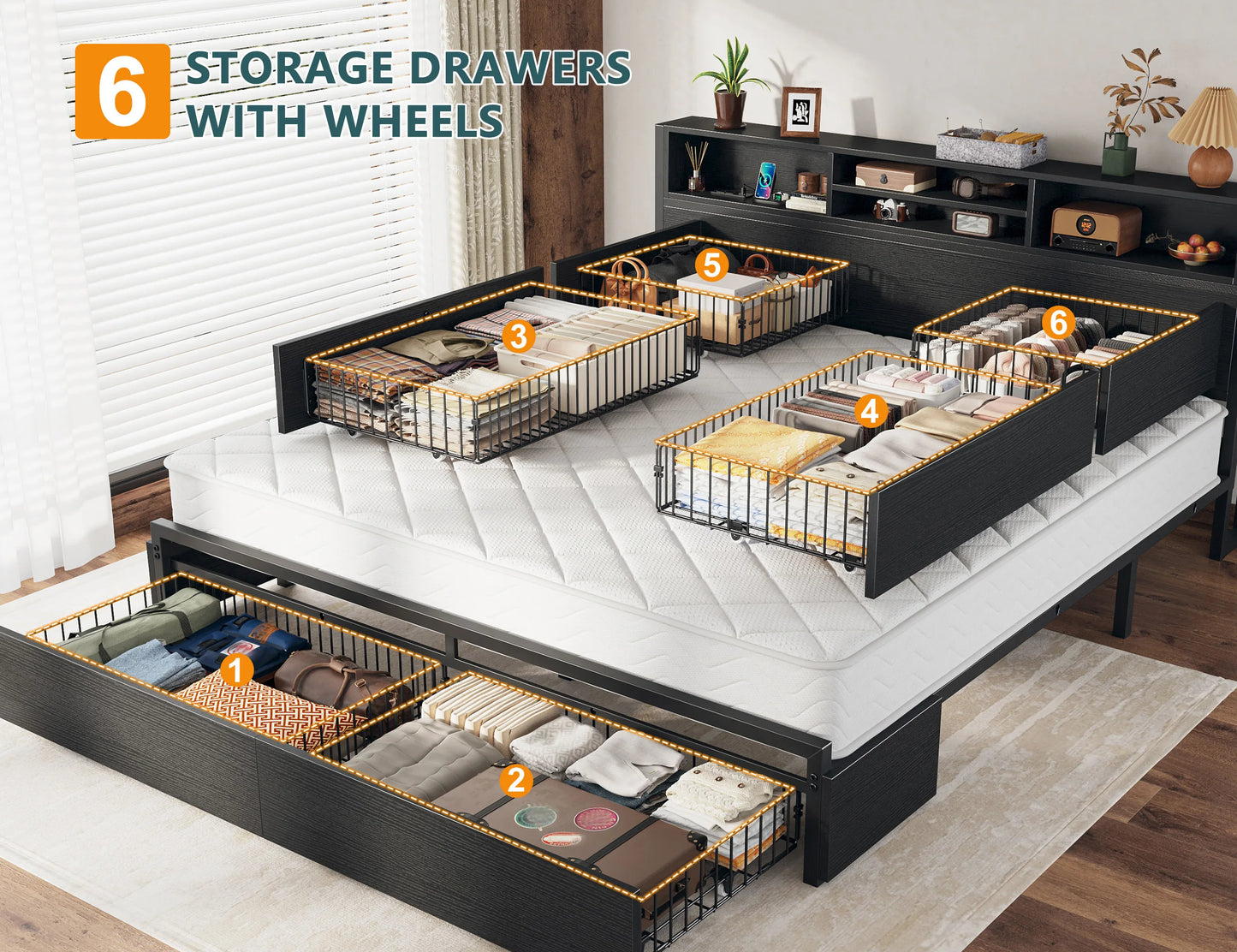 EnHomee Full/Queen/King Bed Frame with 6 Storage Drawers & Charging Station Metal Platform Bed Frame with Bookcase Headboard,No Noise