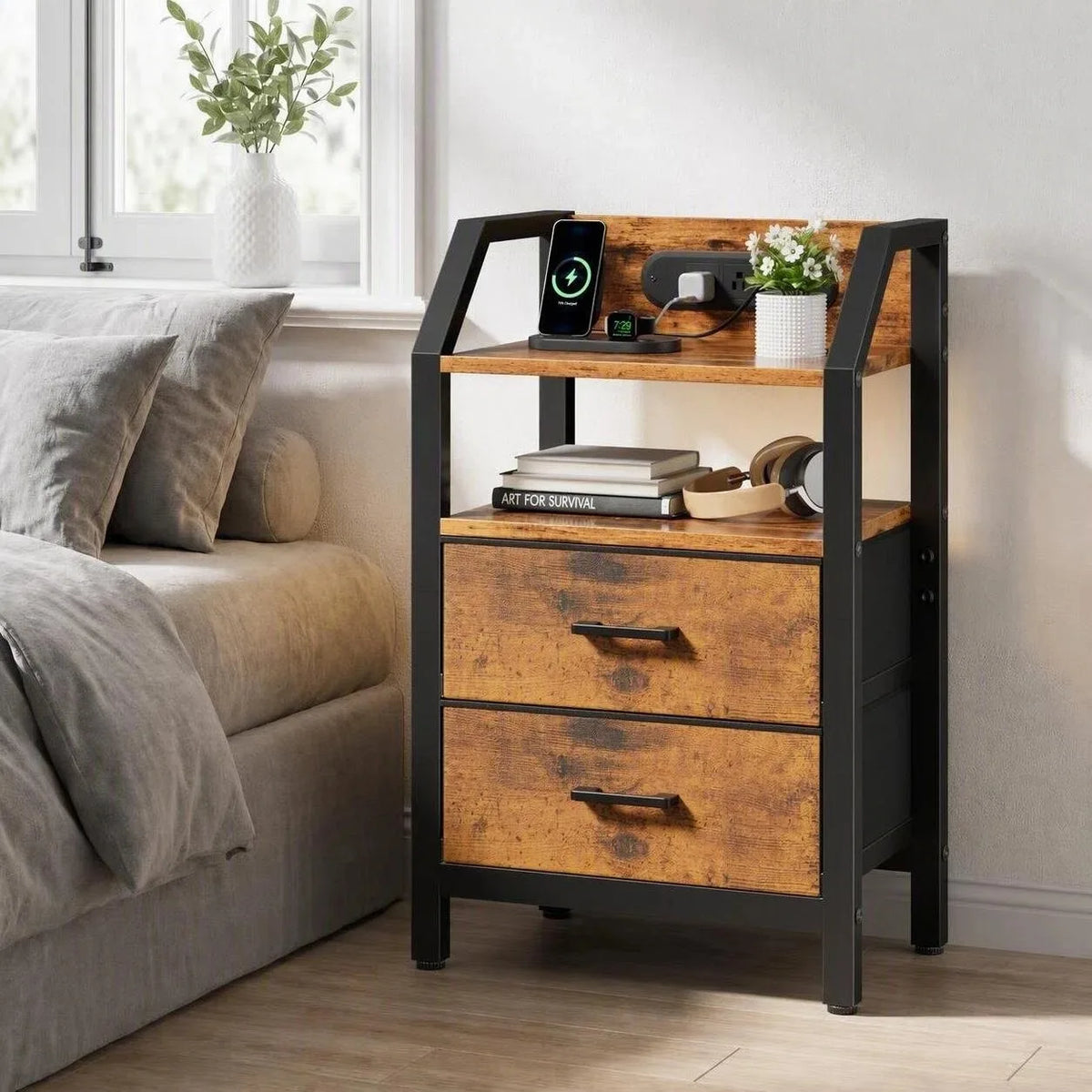 Frodrovia Nightstand With LED Light Charging Station And Drawers