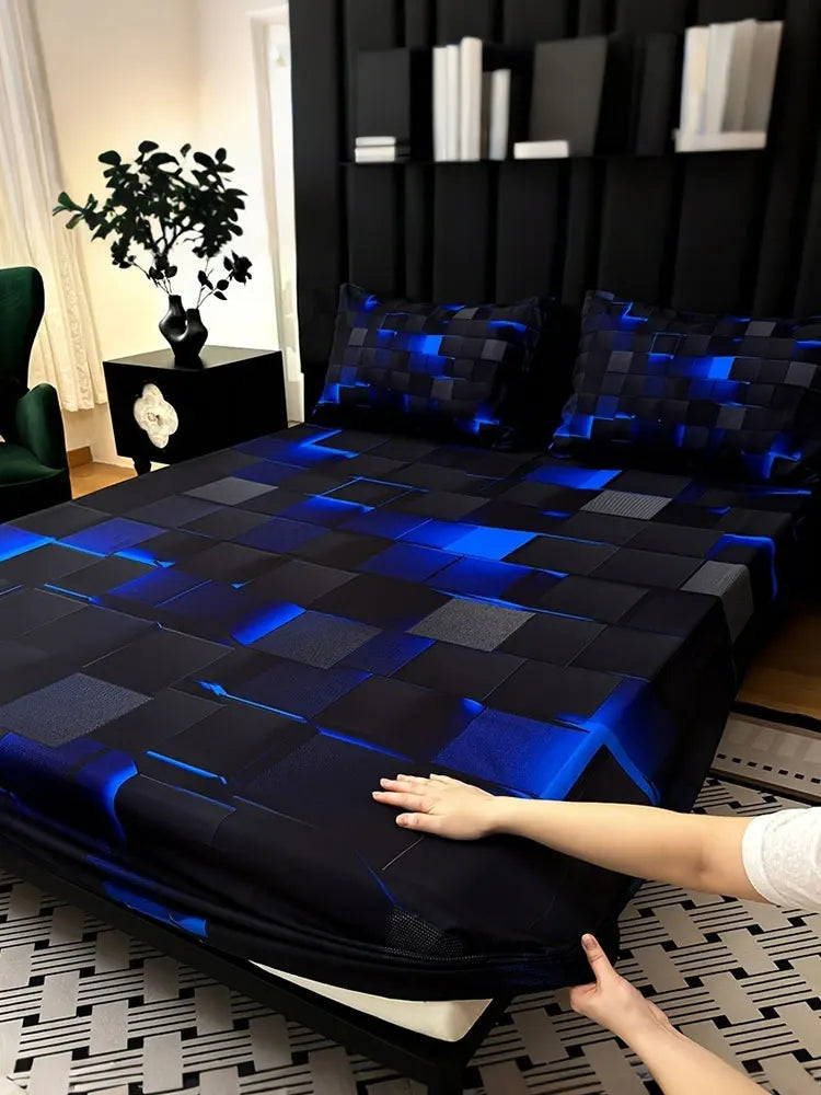 3pcs Cool Technology Digital Printing Material Plaid Fitted Sheet(1pc Bed Sheet+2pcs Pillowcase No Filling) Deep Pocket In 15 In