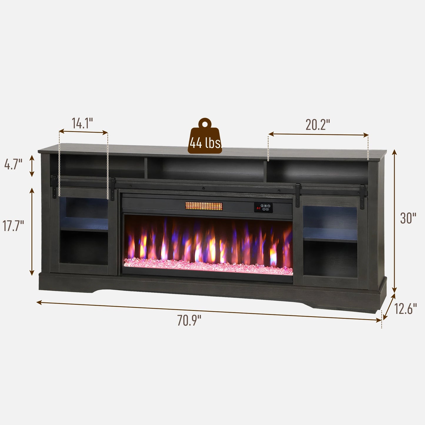 Fireplace TV Stand for TVs Up to 80 Inches, Modern Entertainment Center with 36" Glass Electric Fireplace & LED Lights, TV Console with Open Storage and Side Cabinets for Living Room, Black