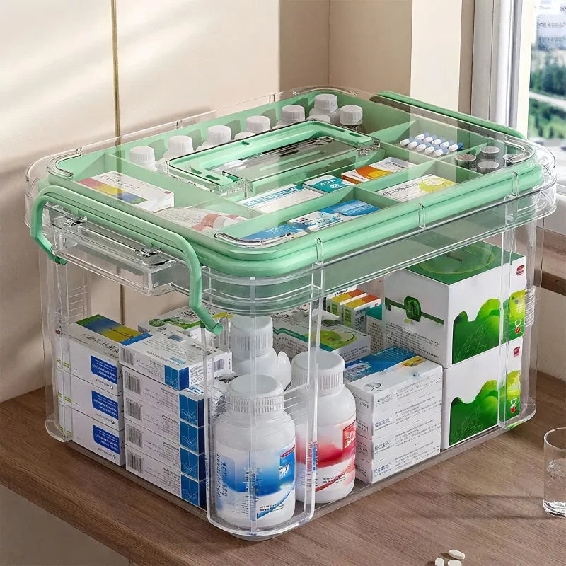Clear Medicine Organizer Storage Box with Tray, Thickened Medicine Container Chest, Multipurpose Medical Case with Labels