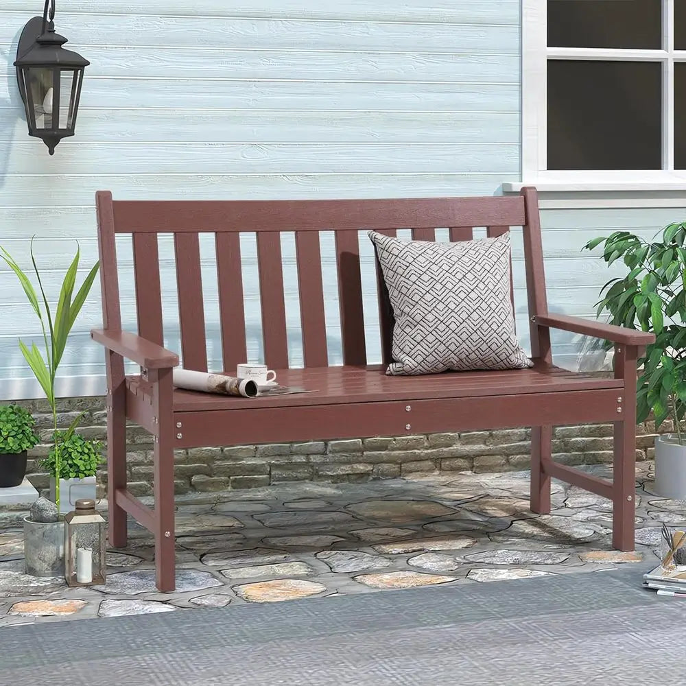 Weather-Resistant HDPE 2-Person Patio Bench with Wood Grain, Suitable for Lawn, Park, Backyard, and Entryway in Brown