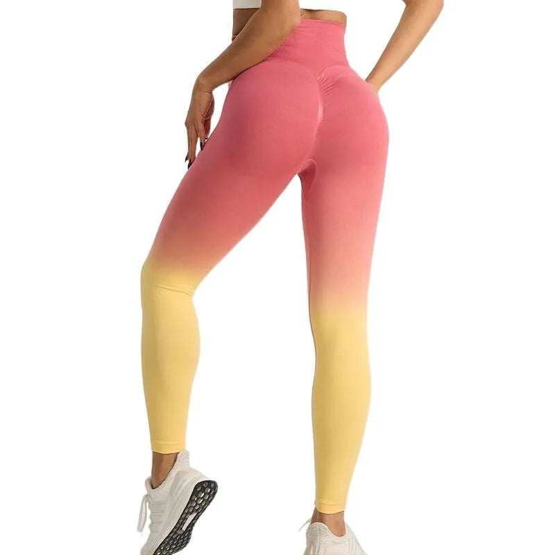 High Waist Color Gradient Yoga Pants Women Seamless Knit Gym Leggings Quick Dry Breathable Workout Tights Scrunch Butt Lift Peach Hip Long Fitness Pants for Cycling Training Activewear