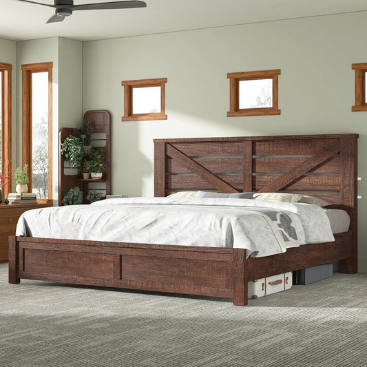 King Size Bed Frame with 49.2" Barn Door Headboard and Footboard, Rustic Farmhouse Platform Bed Frame with Wood, Customized